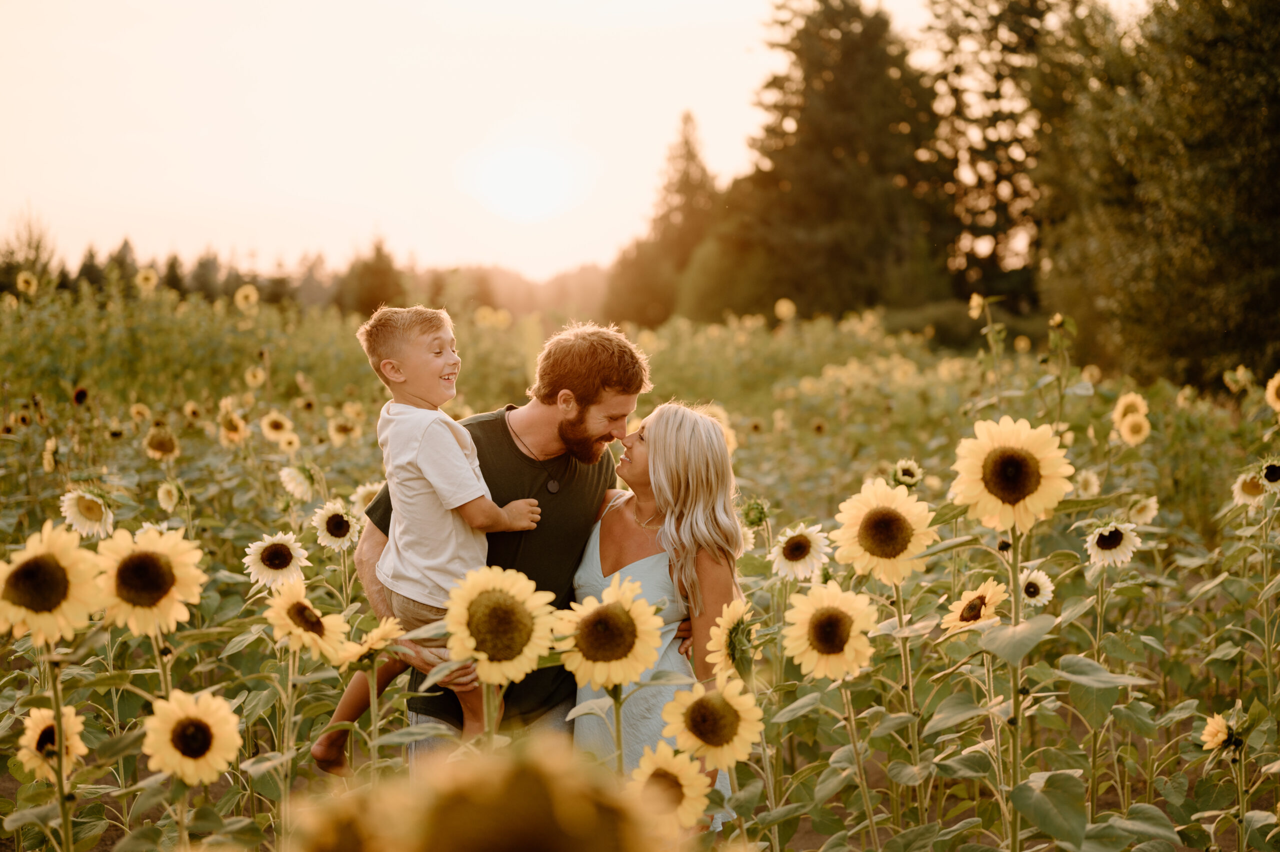 Washington Family Photographer, Summer Photography, Sunflowers, family of three, golden hour, Family Fashion, family portraits with a dog.